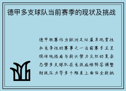 德甲多支球队当前赛季的现状及挑战